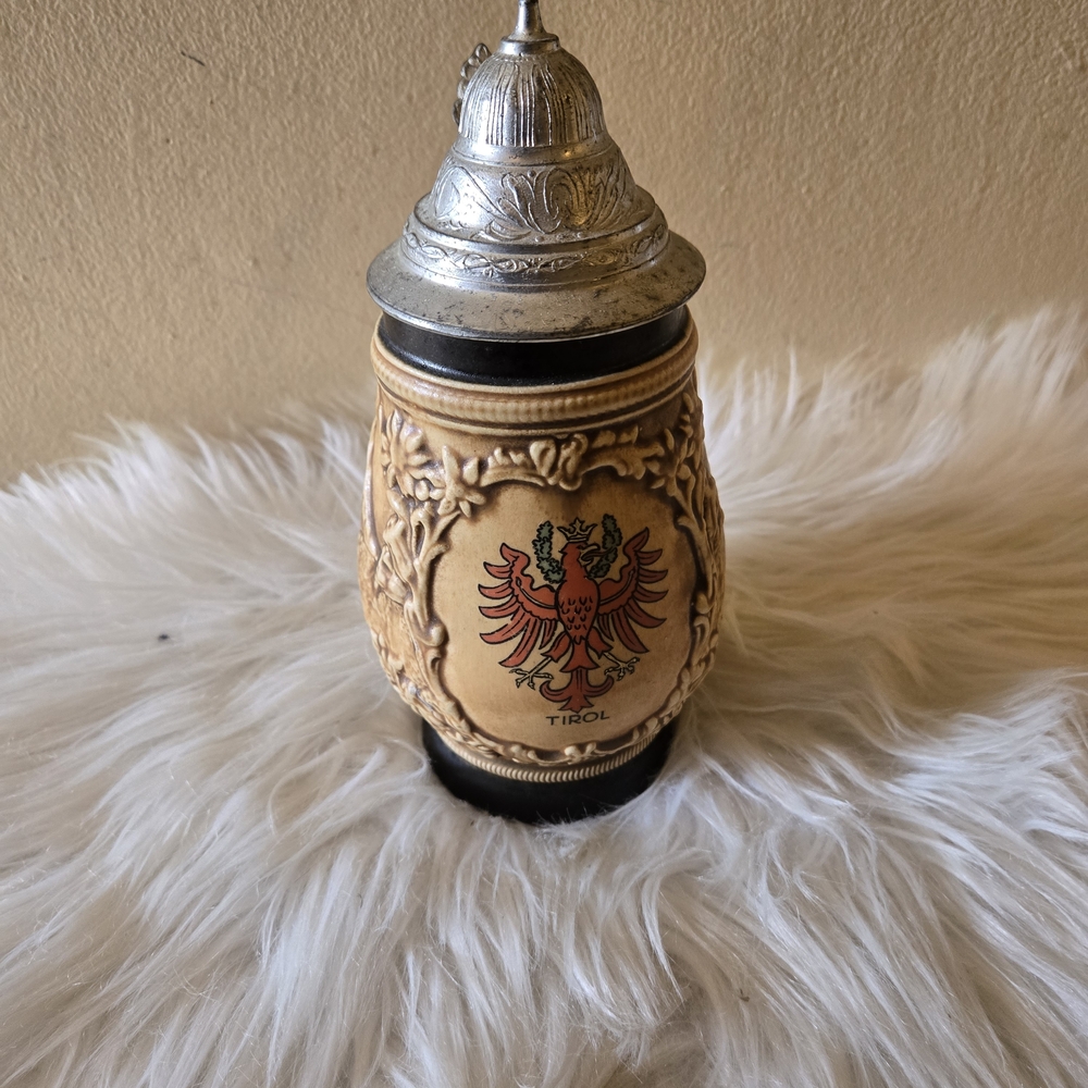 Vintage Tirol German Western Beer Stein with Silver Lid